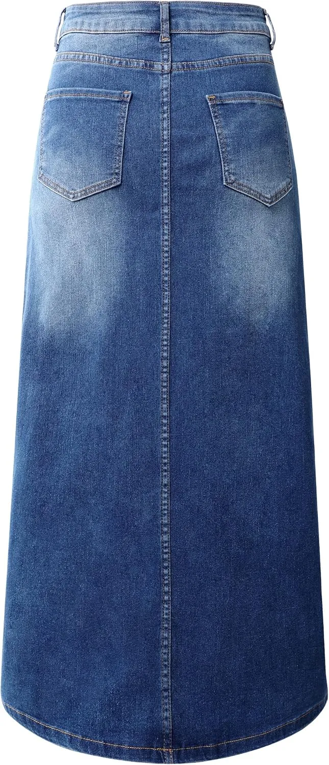 Womens Long Denim Skirt Casual A-Line Stretch Jean Skirt for Women High Waisted Vintage Denim Maxi Skirt with Pockets Blue