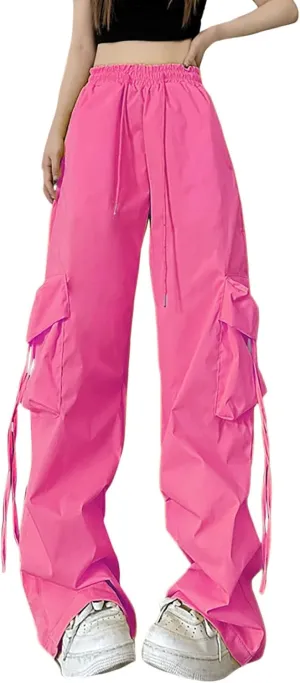 Women's Loose Pocket Cargo Pants Street Pat Elastic Waist Casual Pants Trousers Y2k Streetwear Soft Trendy Trousers