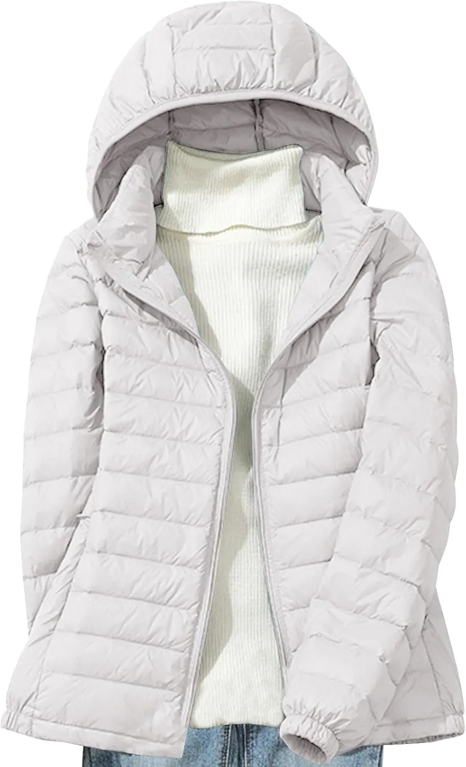 Womens Packable Down Jacket Lightweight Quilted Puffer Coat Casual Zipper Pockets Duck Down Outwear with Removable Hood