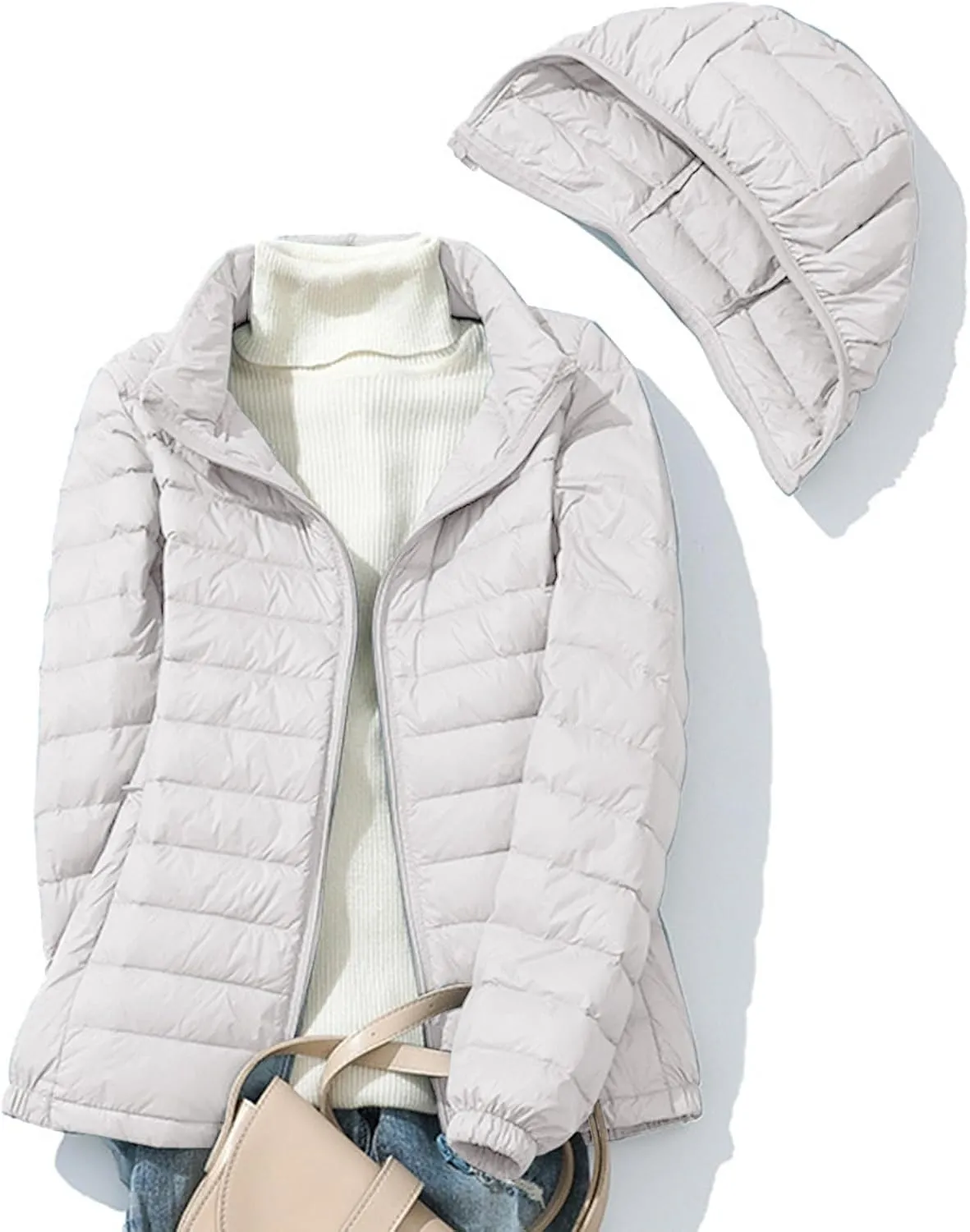 Womens Packable Down Jacket Lightweight Quilted Puffer Coat Casual Zipper Pockets Duck Down Outwear with Removable Hood
