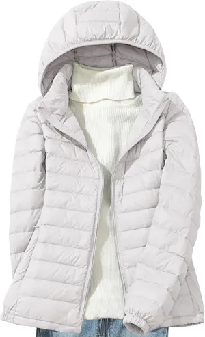 Womens Packable Down Jacket Lightweight Quilted Puffer Coat Casual Zipper Pockets Duck Down Outwear with Removable Hood