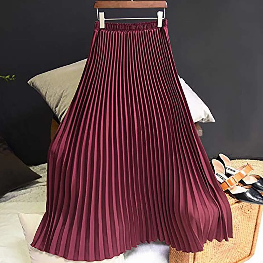 Women's Pleated Midi Skirt Womens Elastic Waist Solid Elegant Skirt Womens Plaid Skirts for Women Midi Skirts
