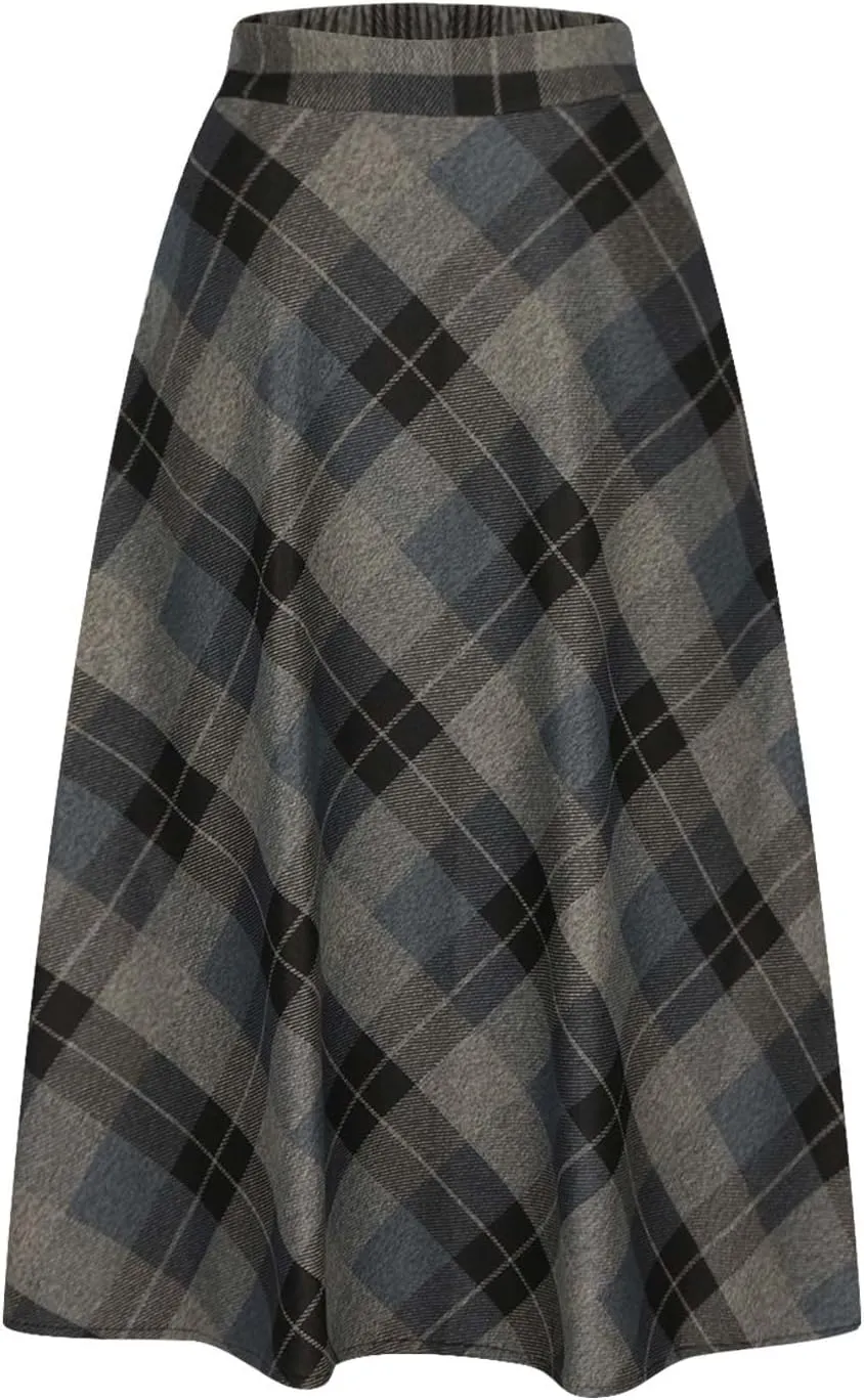 Women's Pleated Plaid Skirts Vintage High Waist A-Line Long Skirt Fleece Winter Fall Casual Business Tartan Midi Skirt