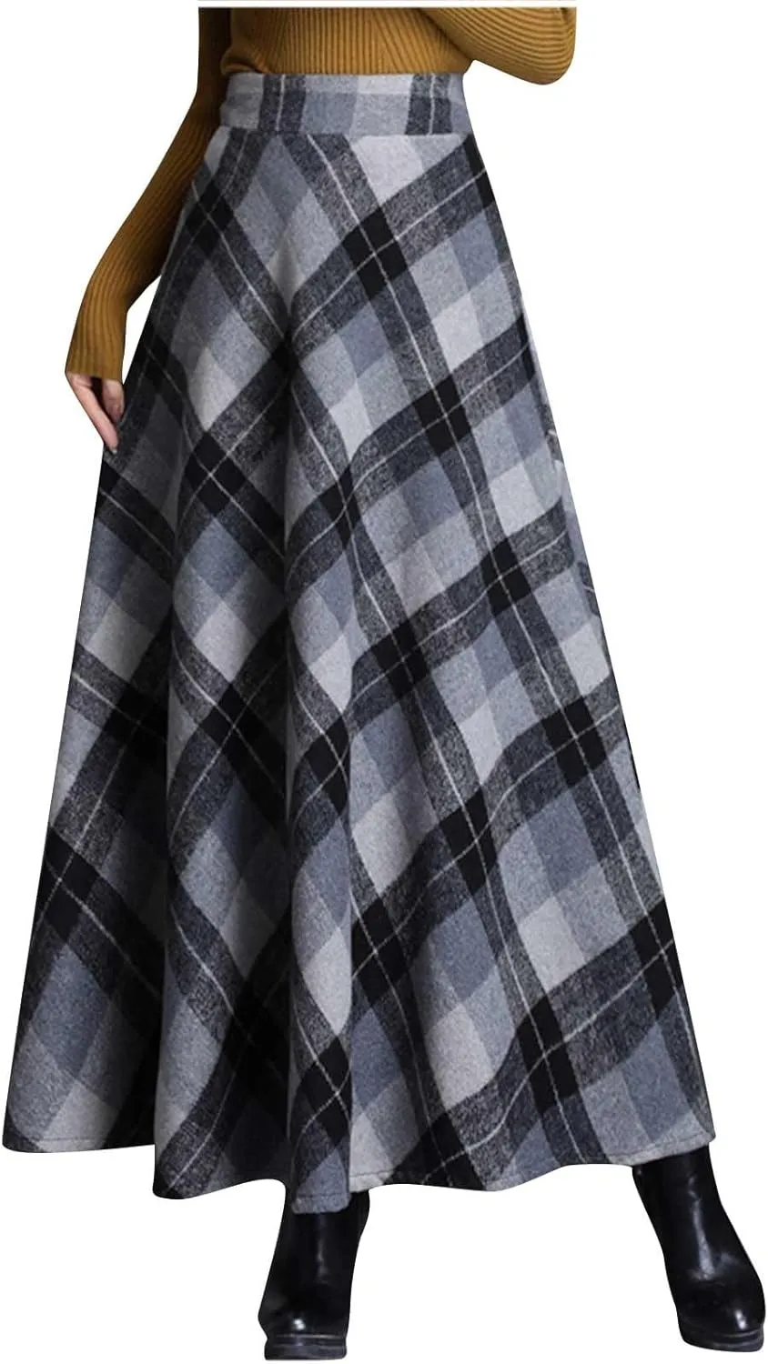Women's Pleated Plaid Skirts Vintage High Waist A-Line Long Skirt Fleece Winter Fall Casual Business Tartan Midi Skirt