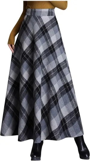 Women's Pleated Plaid Skirts Vintage High Waist A-Line Long Skirt Fleece Winter Fall Casual Business Tartan Midi Skirt