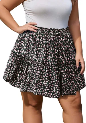 Women's Plus Size Flowy Floral Skirt Casual Boho High Waisted Ruffle Tiered Mini Skater Skirt with Shorts