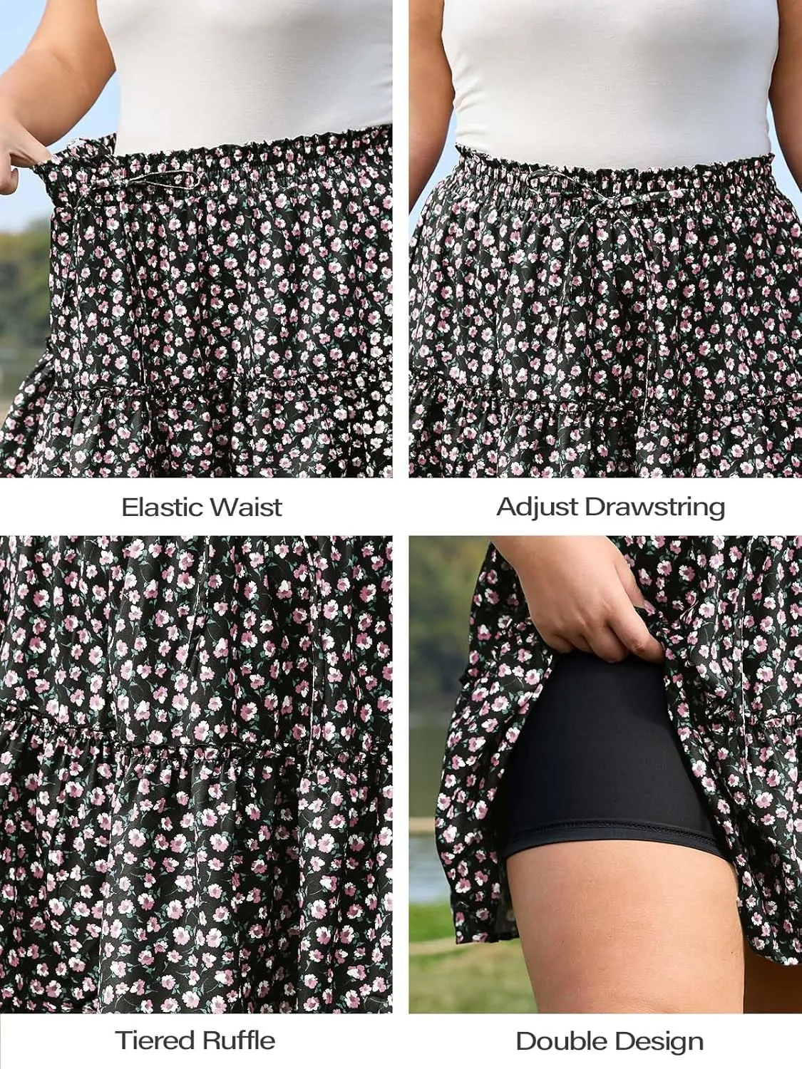 Women's Plus Size Flowy Floral Skirt Casual Boho High Waisted Ruffle Tiered Mini Skater Skirt with Shorts