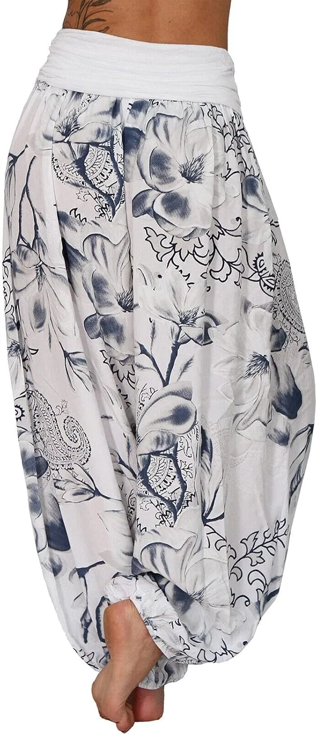 Womens Plus Size High Elastic Waist Harem Pants Casual Loose Baggy Pants with Pockets Bohemian Beach Yoga Trousers