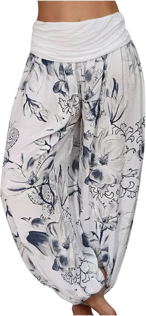 Womens Plus Size High Elastic Waist Harem Pants Casual Loose Baggy Pants with Pockets Bohemian Beach Yoga Trousers