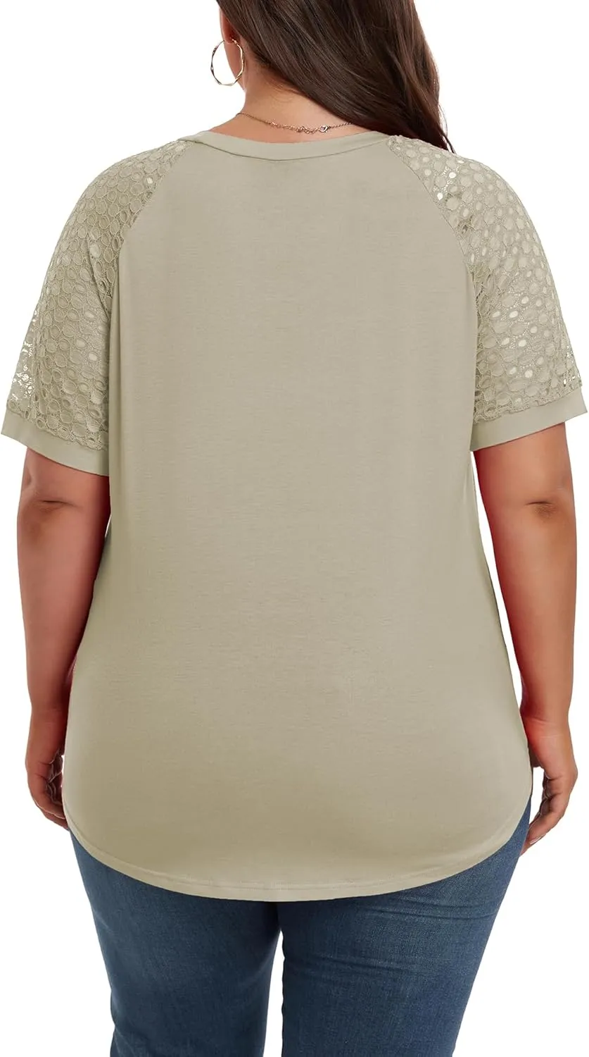 Women's Plus Size Lace Shirt Short Sleeve Round Neck Tops Basic Ladies Loose Fit T Shirt