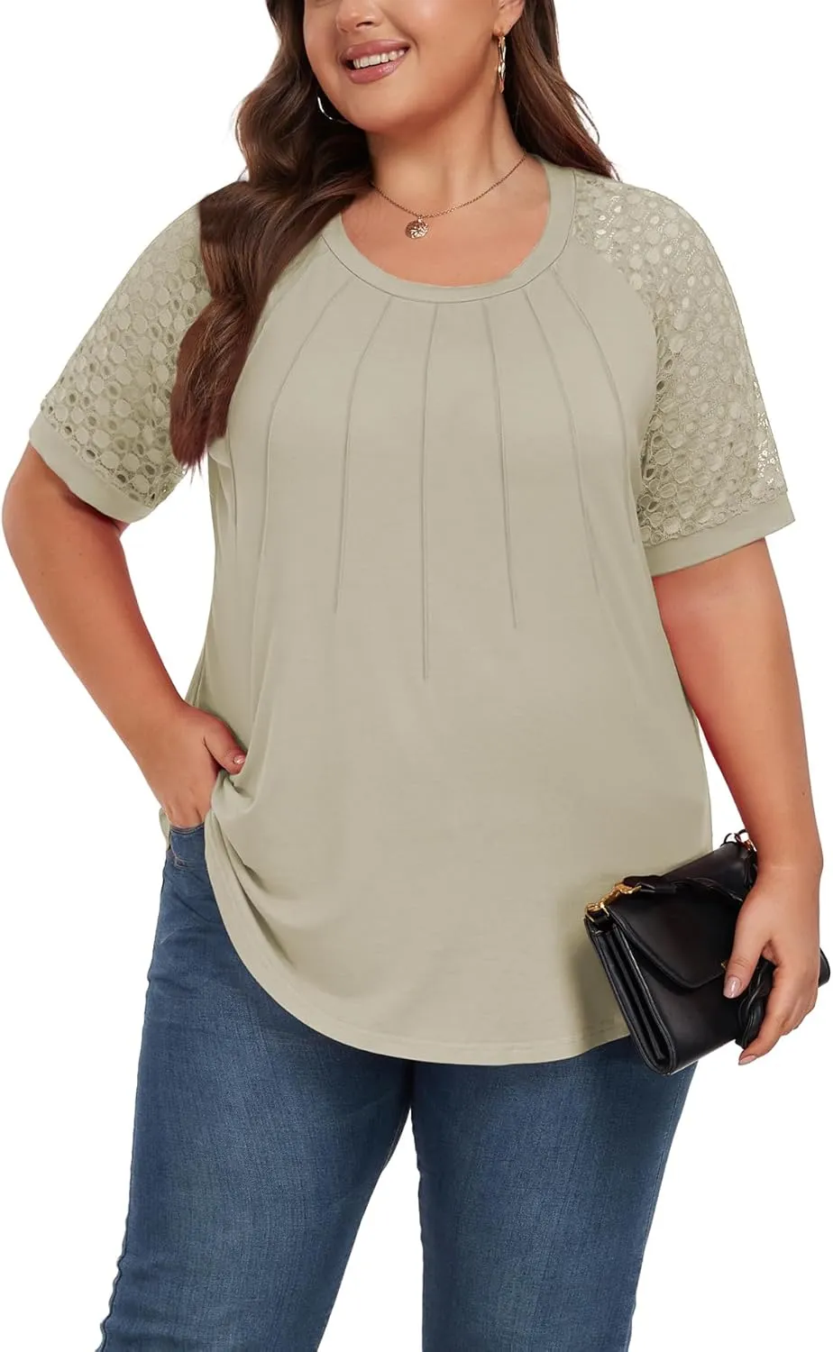Women's Plus Size Lace Shirt Short Sleeve Round Neck Tops Basic Ladies Loose Fit T Shirt