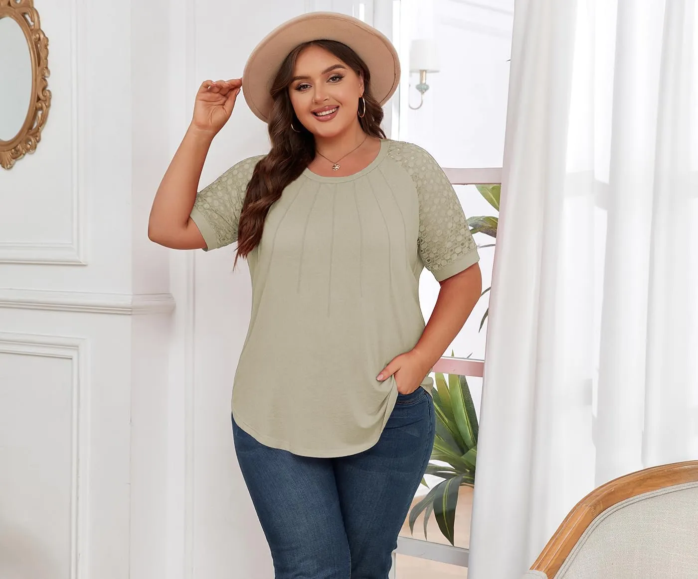 Women's Plus Size Lace Shirt Short Sleeve Round Neck Tops Basic Ladies Loose Fit T Shirt
