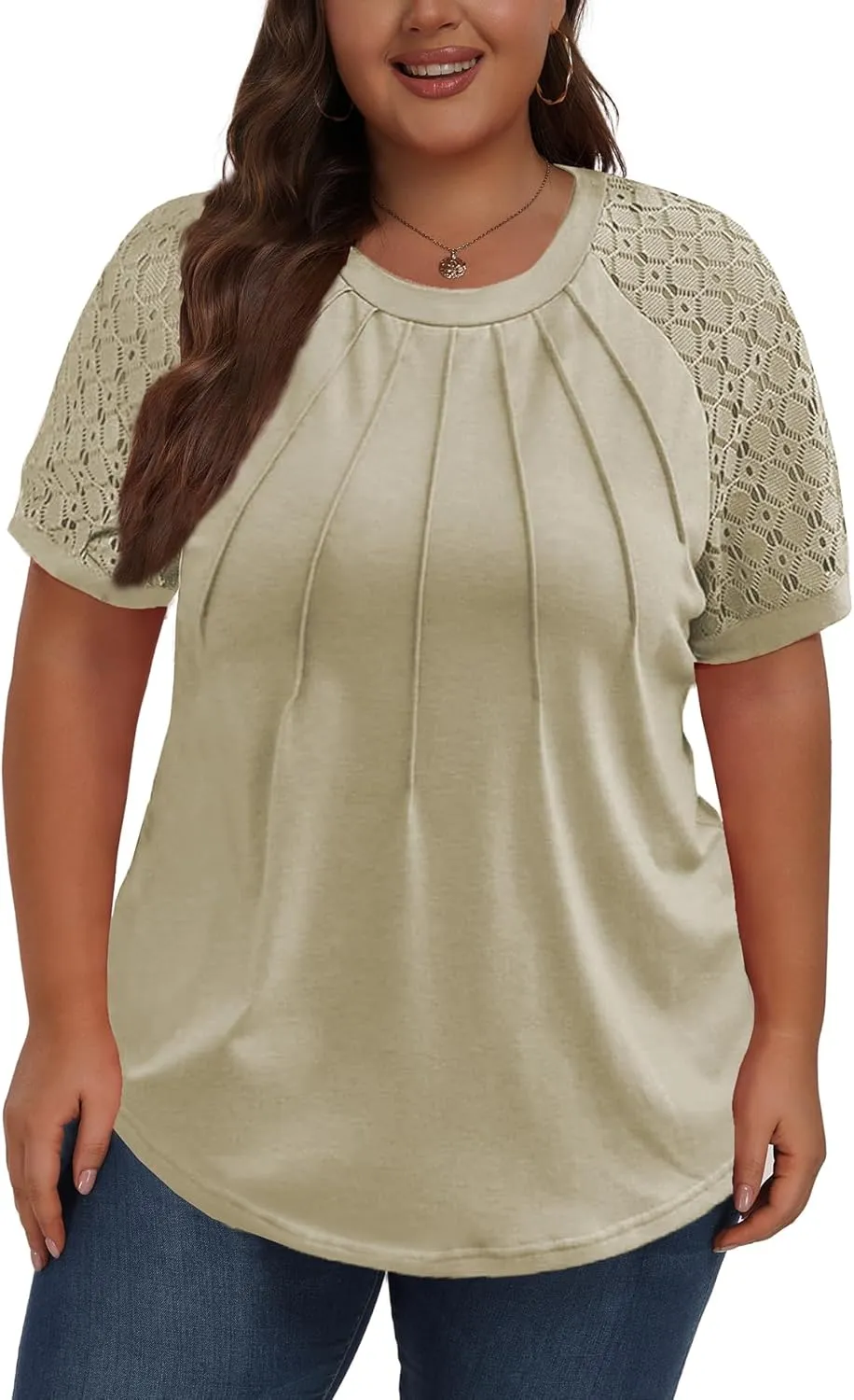 Women's Plus Size Lace Shirt Short Sleeve Round Neck Tops Basic Ladies Loose Fit T Shirt