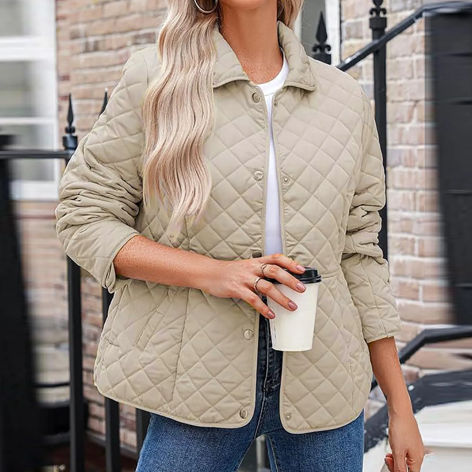 Womens Quilted Jackets Lightweight Casual Long Sleeve Button Down Lapel Puffer Coat Fall Winter Solid Color Warm Top