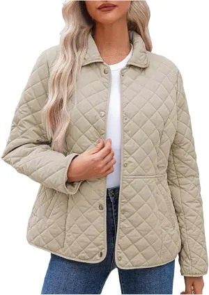 Womens Quilted Jackets Lightweight Casual Long Sleeve Button Down Lapel Puffer Coat Fall Winter Solid Color Warm Top