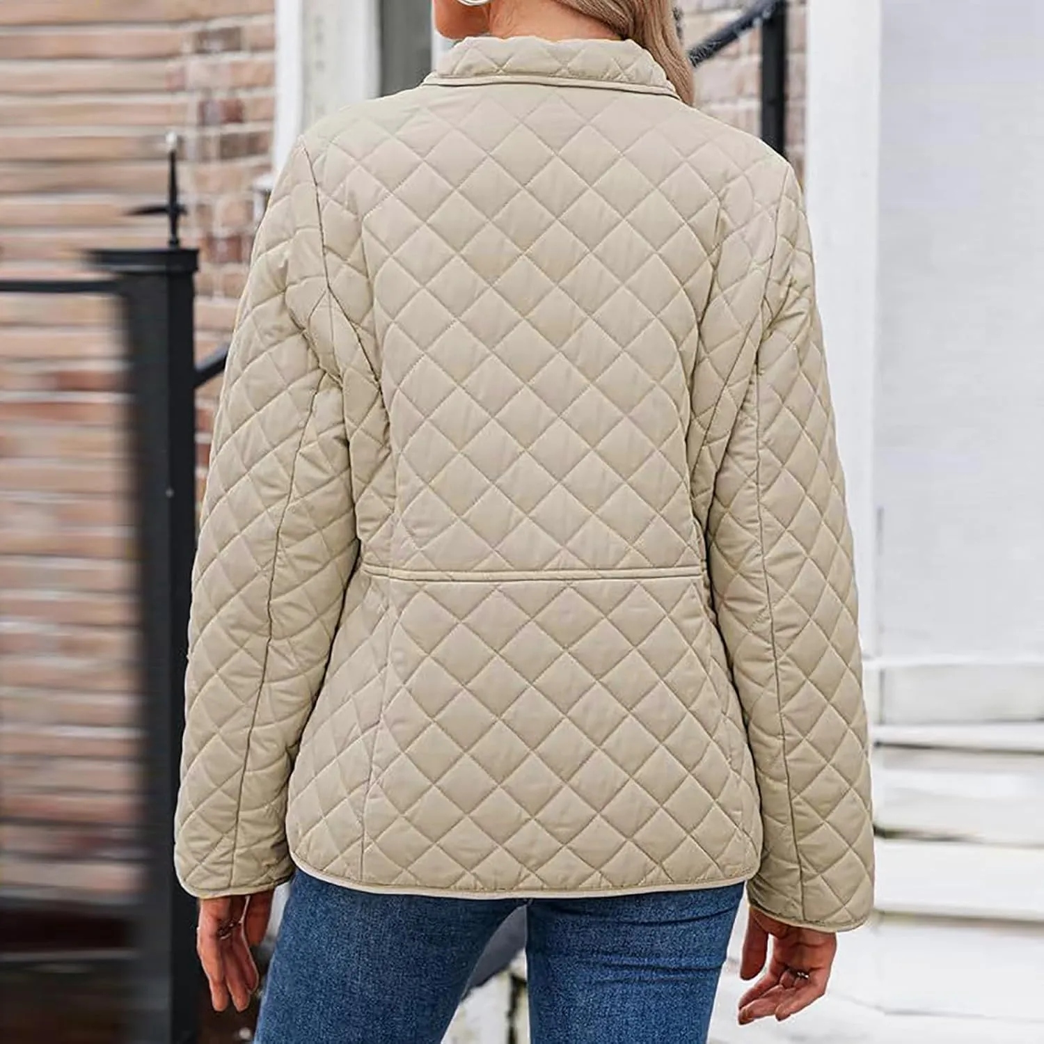 Womens Quilted Jackets Lightweight Casual Long Sleeve Button Down Lapel Puffer Coat Fall Winter Solid Color Warm Top