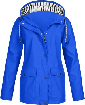 Womens Rain Jacket Waterproof Windproof Hooded Zip Up Raincoat Outdoor Hiking Fall Winter Trench Coat with Pockets