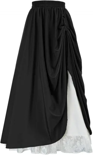 Women's Renaissance Skirt Victorian Peasant Double-Layer Maxi Long Skirts Casual Elastic Waisted Skirt Retro Costumes