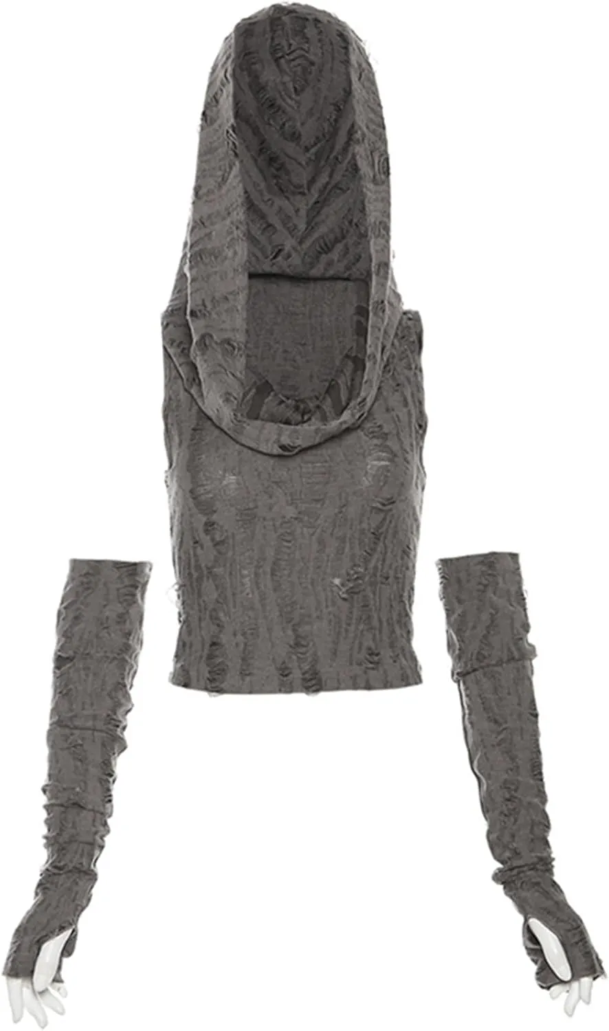 Womens Ripped Hoodie Sweater Vest Hollow Out Hooded Crop Top Knit Pullover Streetwear with Oversleeve