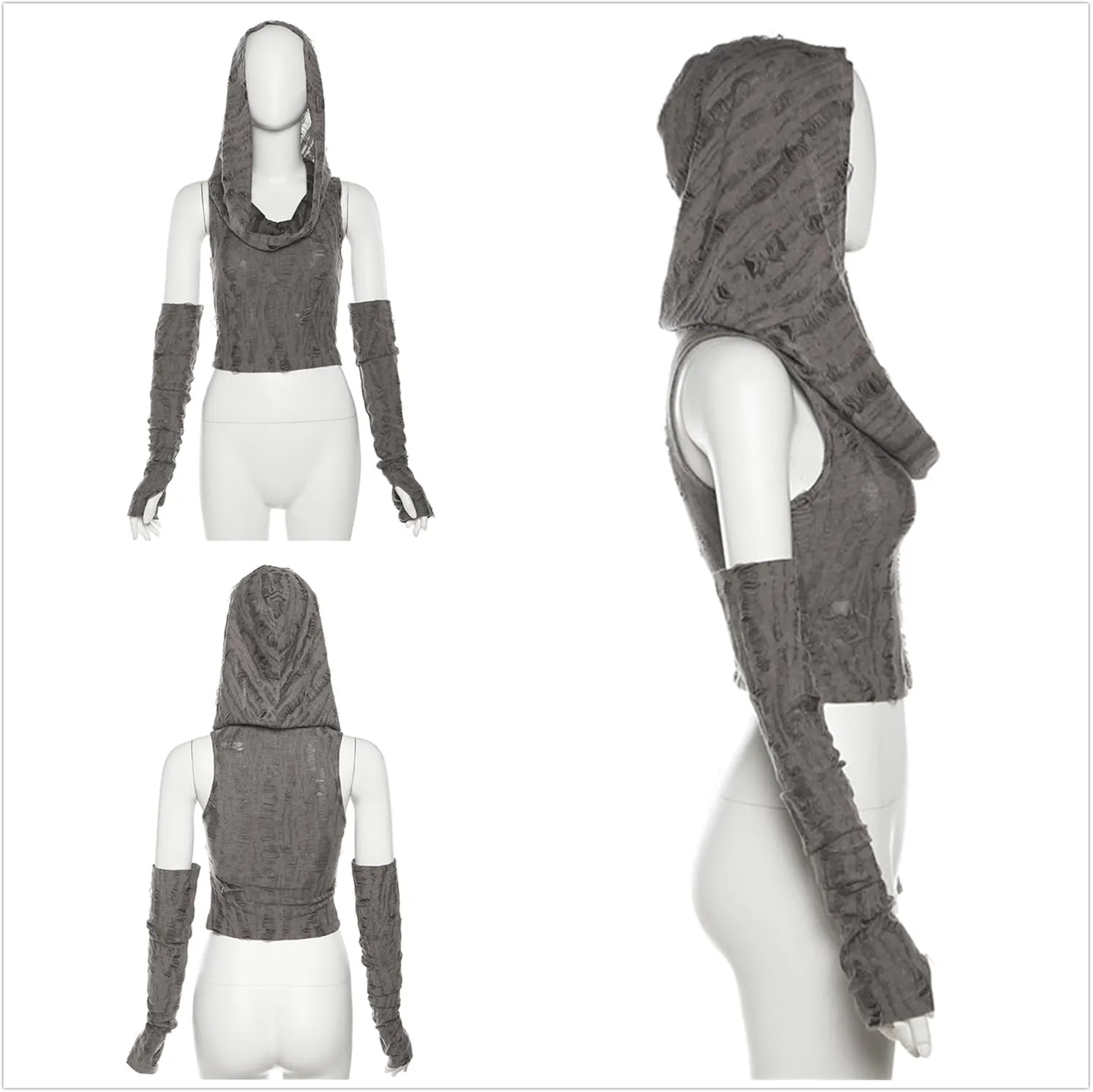 Womens Ripped Hoodie Sweater Vest Hollow Out Hooded Crop Top Knit Pullover Streetwear with Oversleeve