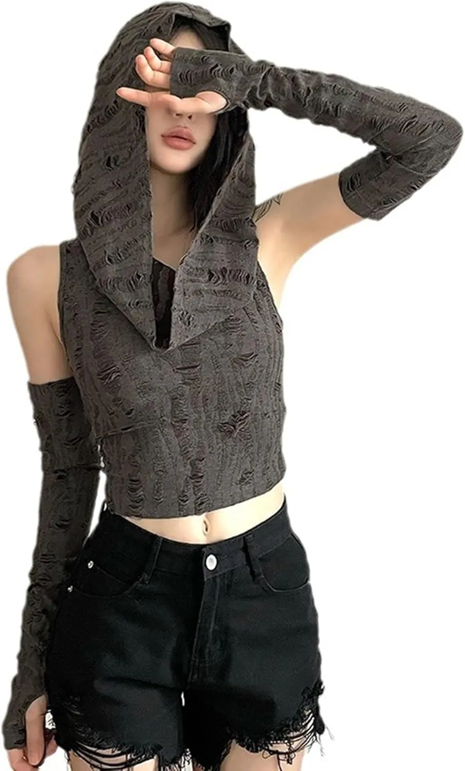 Womens Ripped Hoodie Sweater Vest Hollow Out Hooded Crop Top Knit Pullover Streetwear with Oversleeve