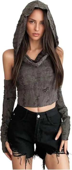 Womens Ripped Hoodie Sweater Vest Hollow Out Hooded Crop Top Knit Pullover Streetwear with Oversleeve