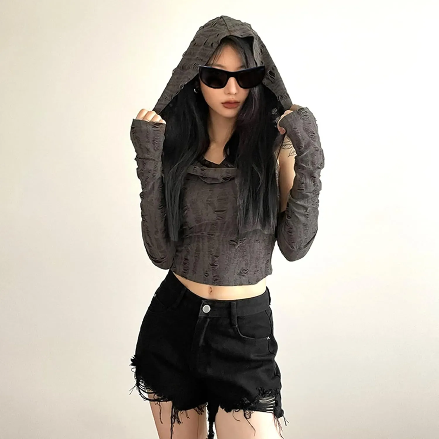 Womens Ripped Hoodie Sweater Vest Hollow Out Hooded Crop Top Knit Pullover Streetwear with Oversleeve