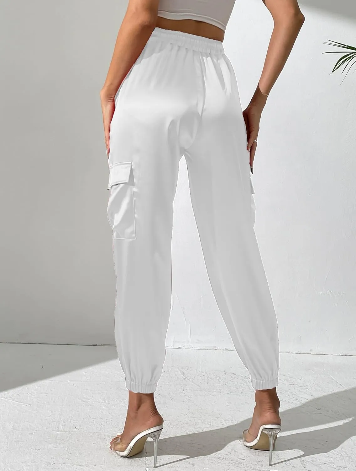 Women's Satin Cargo Joggers Pants Dressy Casual Silky Elastic High Waist Trousers