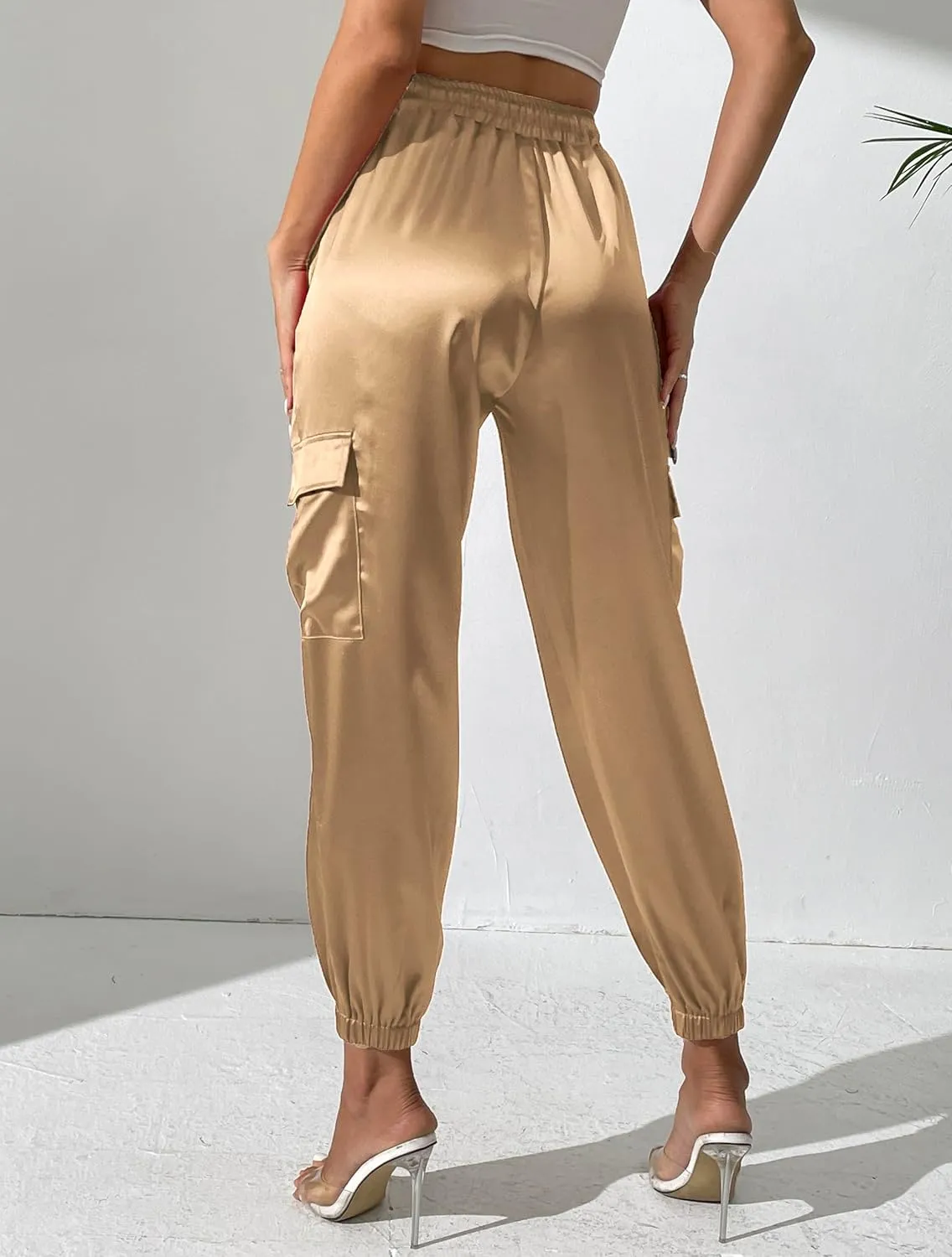 Women's Satin Cargo Joggers Pants Dressy Casual Silky Elastic High Waist Trousers
