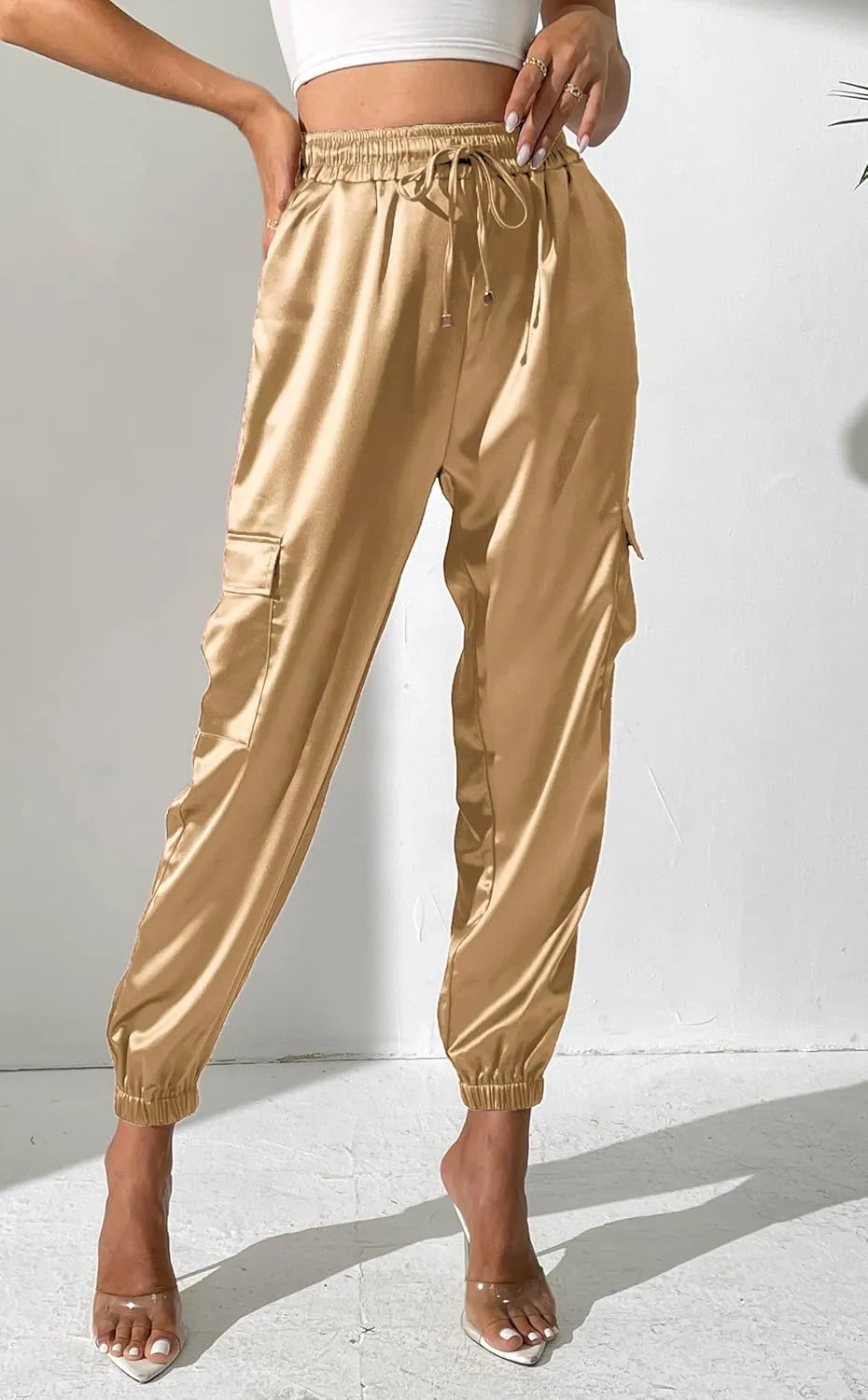 Women's Satin Cargo Joggers Pants Dressy Casual Silky Elastic High Waist Trousers