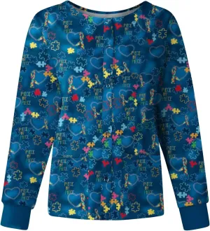 Womens Scrub Jacket Long Sleeve Pocket Working Stand-Up Collar Womens Scrubs Print Single Breasted Cardigan Tops