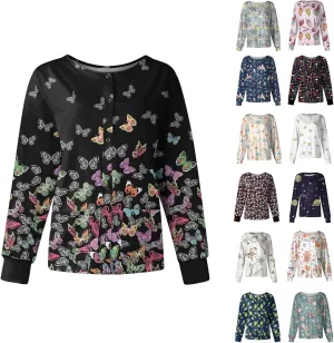 Womens Scrub Jacket Long Sleeve Pocket Working Stand-Up Collar Womens Scrubs Print Single Breasted Cardigan Tops