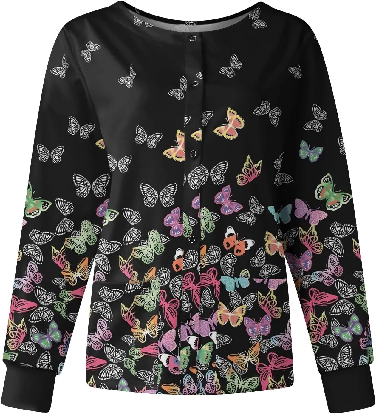 Womens Scrub Jacket Long Sleeve Pocket Working Stand-Up Collar Womens Scrubs Print Single Breasted Cardigan Tops