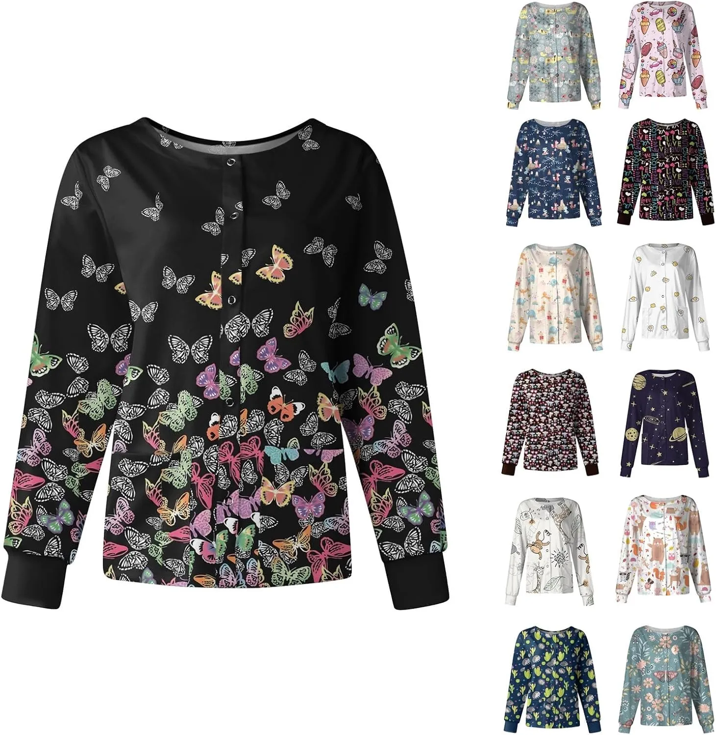 Womens Scrub Jacket Long Sleeve Pocket Working Stand-Up Collar Womens Scrubs Print Single Breasted Cardigan Tops