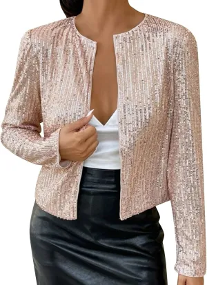 Women's Sequin Glitter Jacket Open Front Flight Short Blazer Party Clubwear Cardigan Sparkly Coat