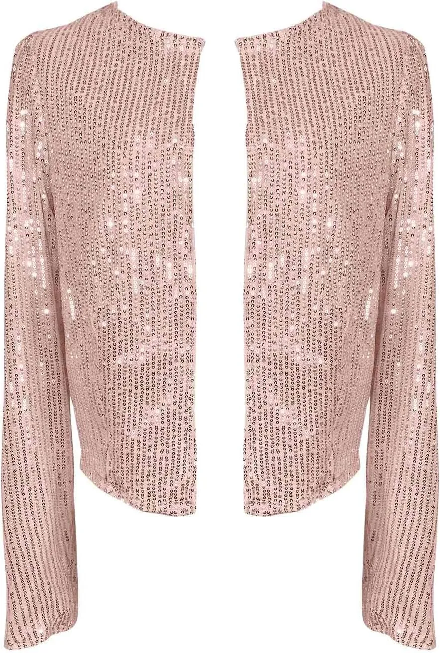 Women's Sequin Glitter Jacket Open Front Flight Short Blazer Party Clubwear Cardigan Sparkly Coat