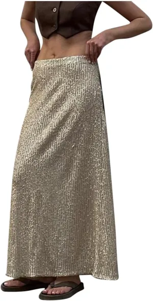 Womens Sequin Skirts Elastic High Waisted Loose Long Skirt Sparkly Night Out Cocktail Prom Evening Party Maxi Skirts