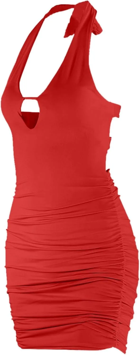 Womens Sexy Bodycon Dress Bandage Sleeveless Backless Suspender Hip Skirt Ruffle Dress