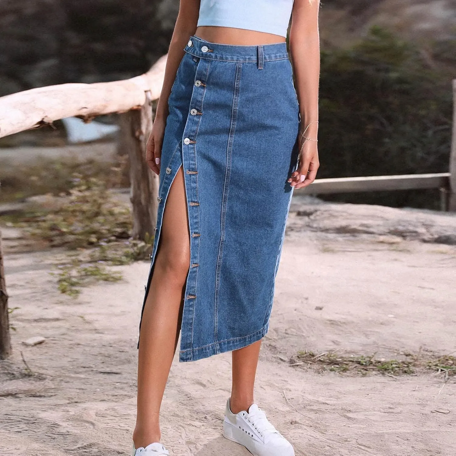 Women's Side Button Down Slit Denim Long Skirt High Waist Casual Bodycon Pencil Jean Split Thigh Mid Skirt