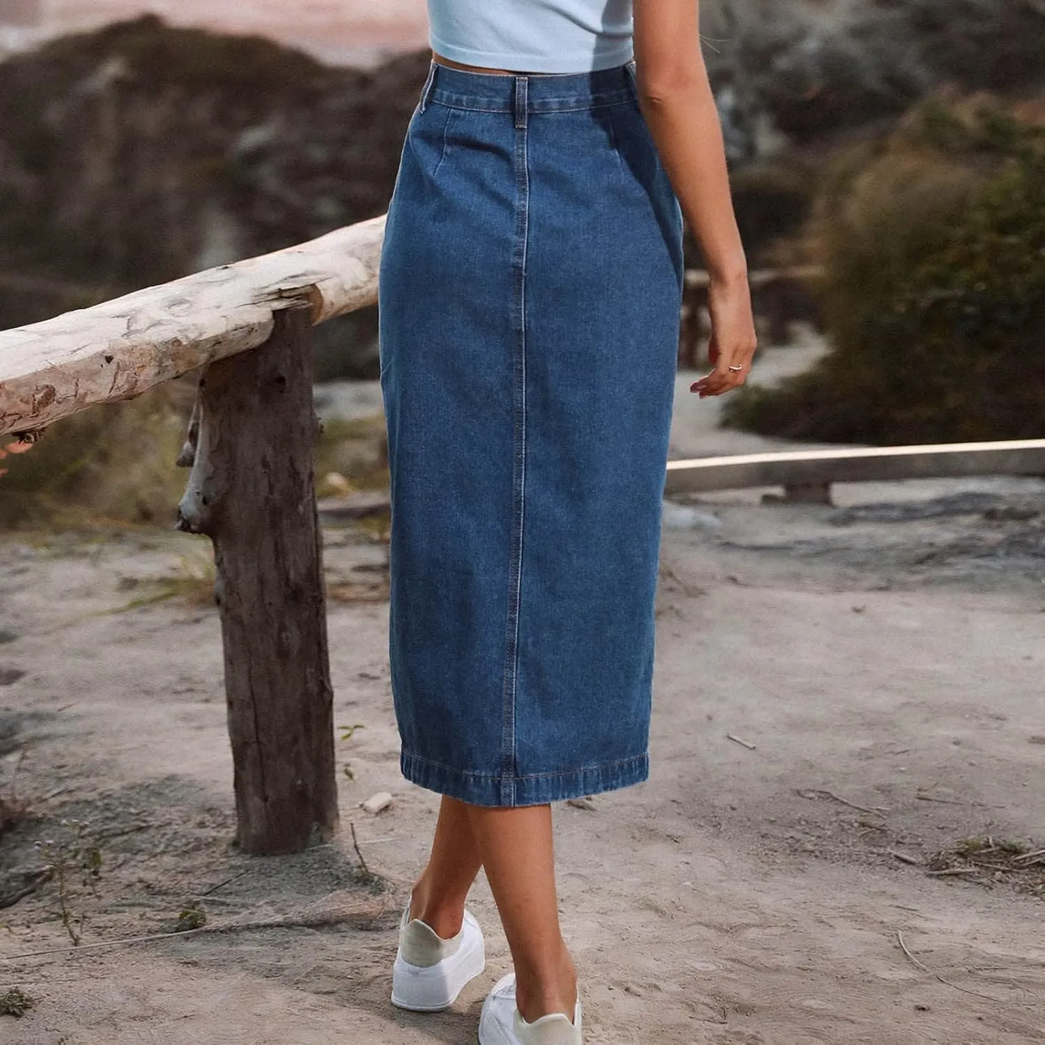 Women's Side Button Down Slit Denim Long Skirt High Waist Casual Bodycon Pencil Jean Split Thigh Mid Skirt