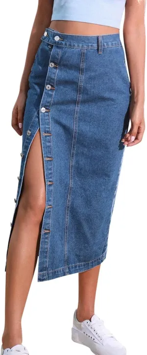 Women's Side Button Down Slit Denim Long Skirt High Waist Casual Bodycon Pencil Jean Split Thigh Mid Skirt