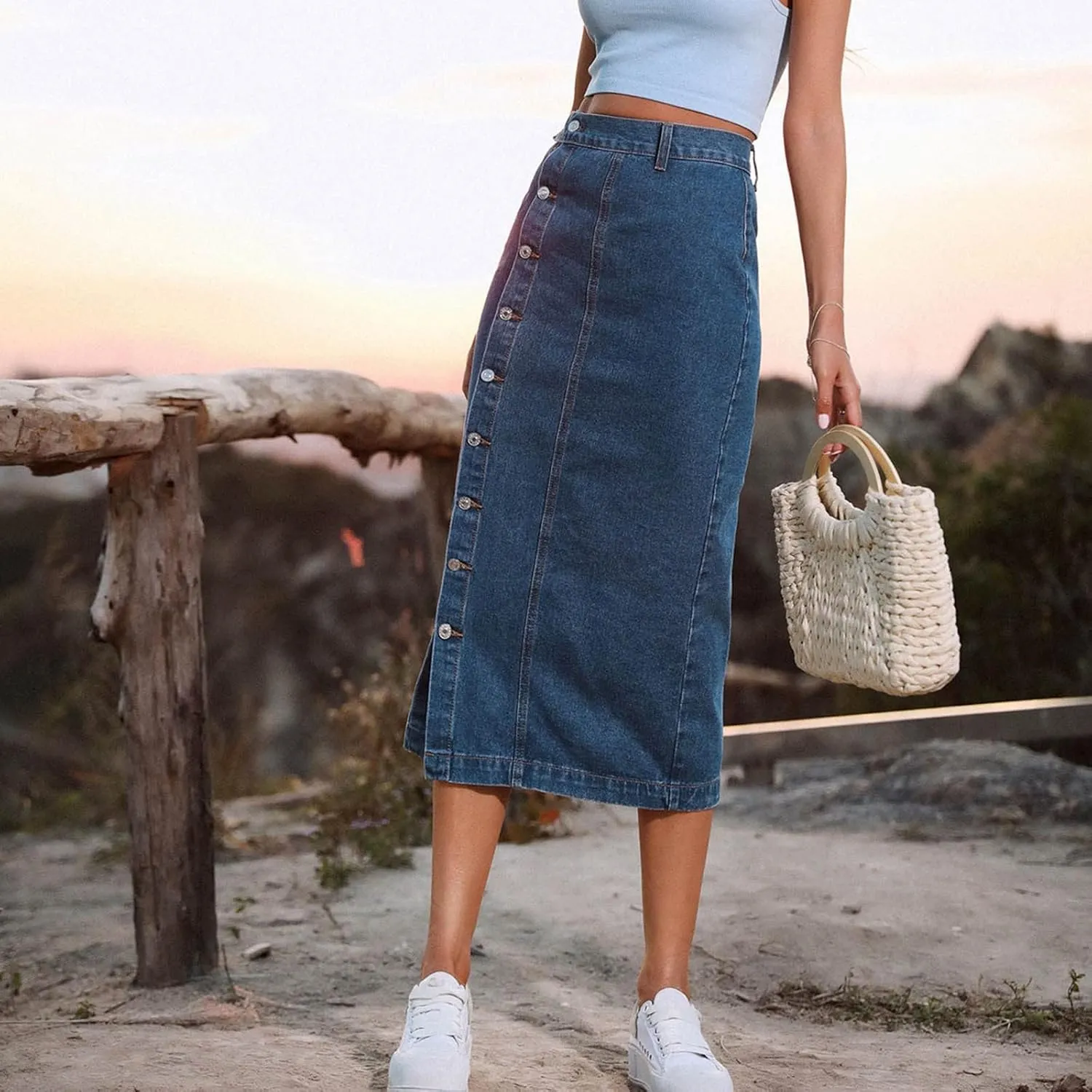 Women's Side Button Down Slit Denim Long Skirt High Waist Casual Bodycon Pencil Jean Split Thigh Mid Skirt