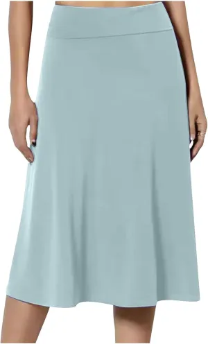 Women's Solid Color A-Line Skirts Elastic High Waist Flare Work Midi Skirts Knee Length Stretchy Skirts Dress