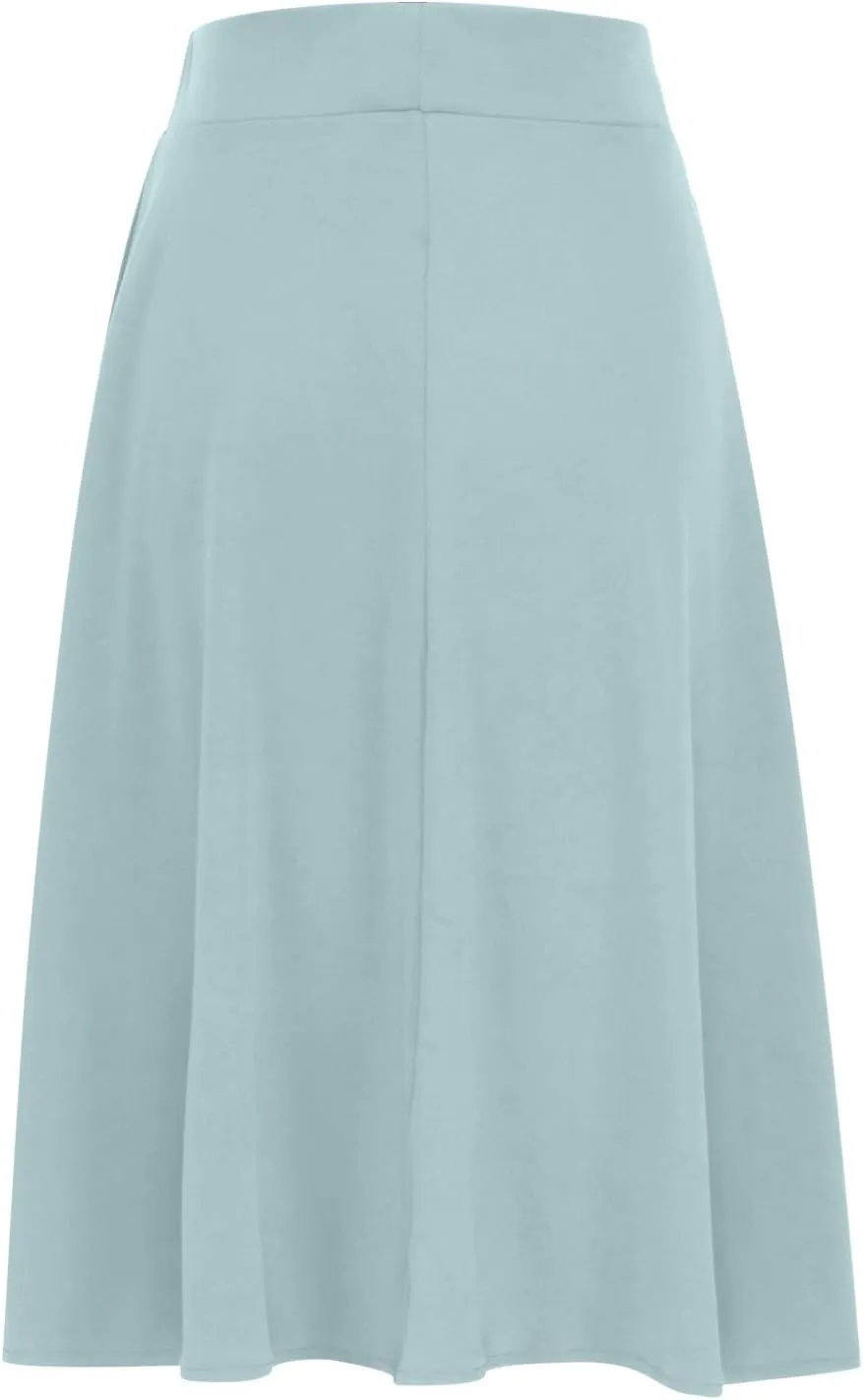 Women's Solid Color A-Line Skirts Elastic High Waist Flare Work Midi Skirts Knee Length Stretchy Skirts Dress