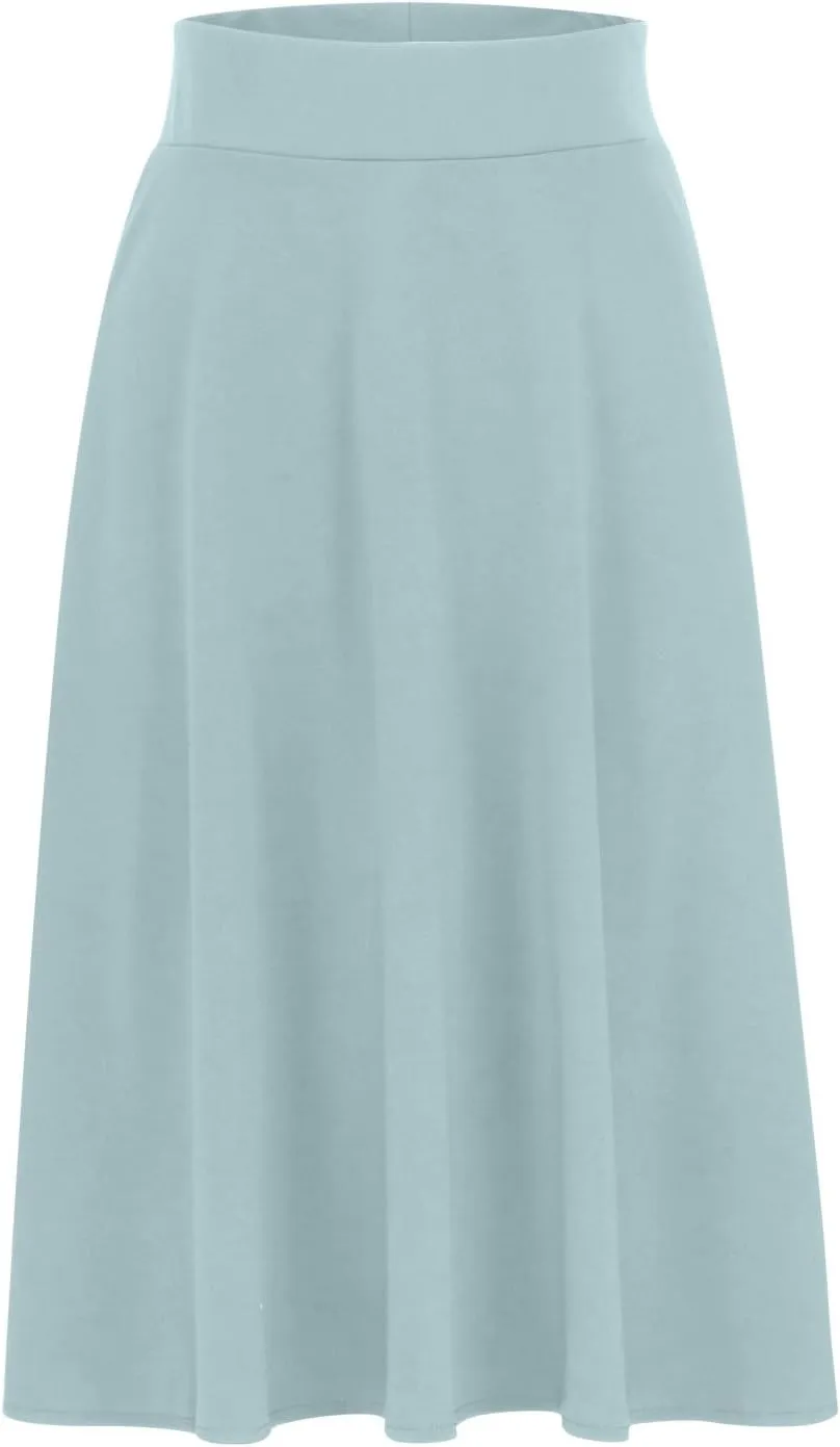 Women's Solid Color A-Line Skirts Elastic High Waist Flare Work Midi Skirts Knee Length Stretchy Skirts Dress