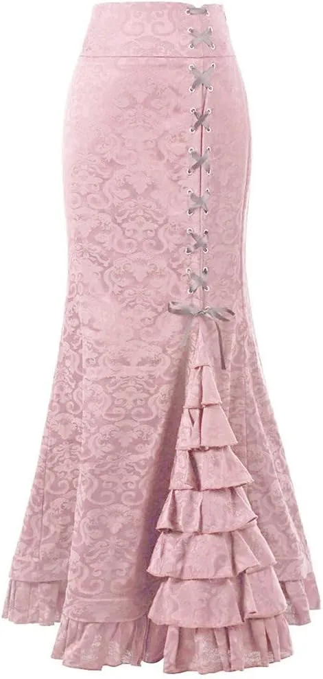 Women's Steampunk Skirt Victorian Long Side Lace up Ruffle High Waist Mermaid Renaissance Vintage Dress Maxi Skirt