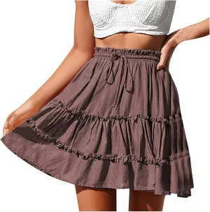 Womens Summer Beach Skirts Flowy Ruffle Tiered Mini Skirt Cute High Waist Boho Flared A-Line Short Skirts Dress