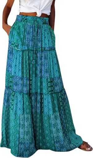 Womens Summer Boho Flowy Swing Tiered A-Line Midi Skirt 2025 Fashion Trendy Elastic Waist Pleated Long Beach Dress
