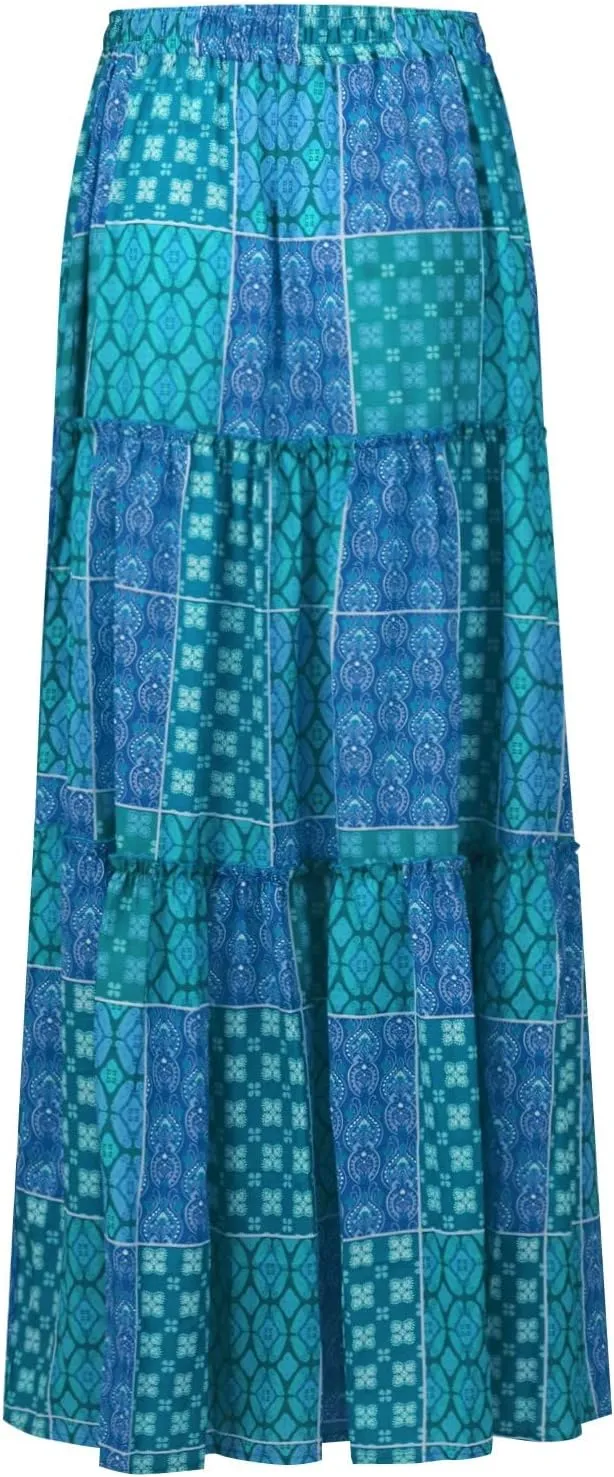 Womens Summer Boho Flowy Swing Tiered A-Line Midi Skirt 2025 Fashion Trendy Elastic Waist Pleated Long Beach Dress
