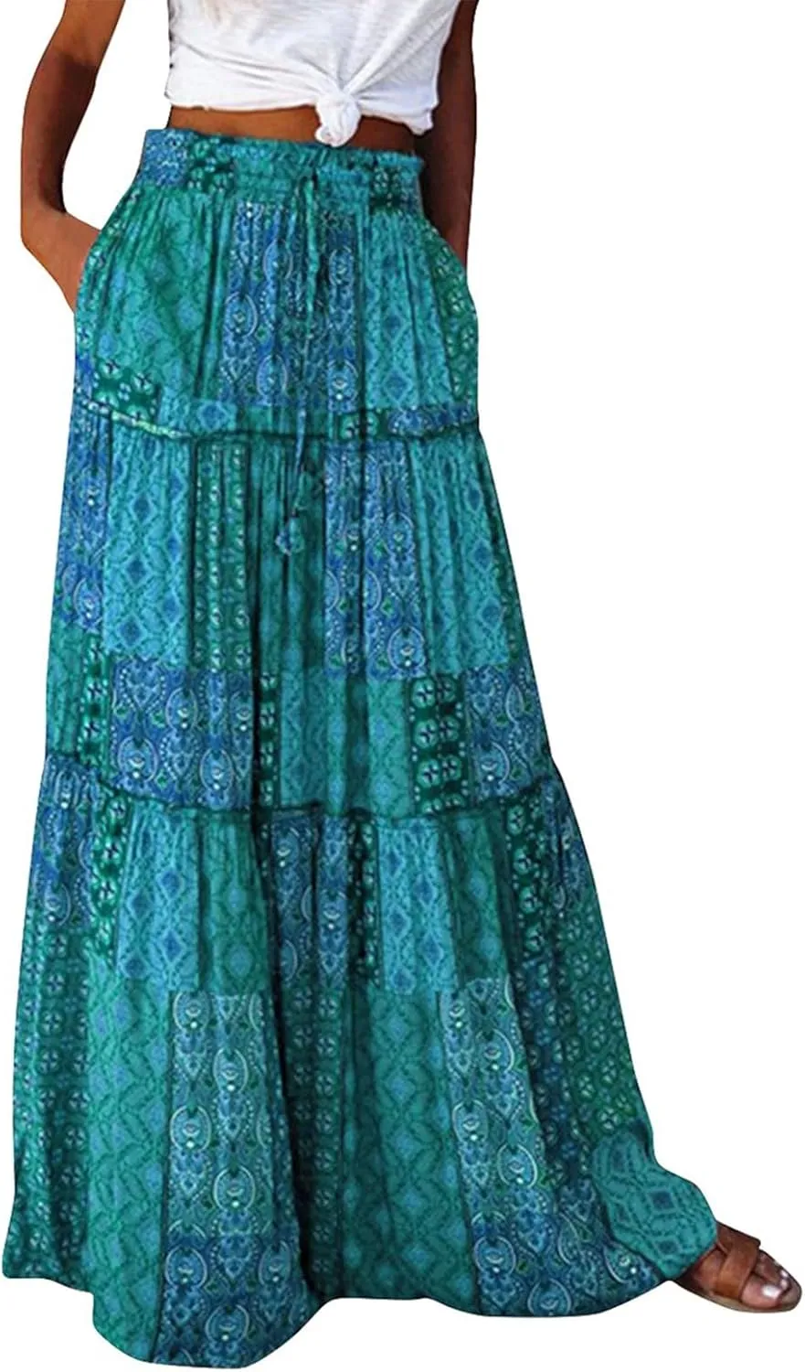 Womens Summer Boho Flowy Swing Tiered A-Line Midi Skirt 2025 Fashion Trendy Elastic Waist Pleated Long Beach Dress